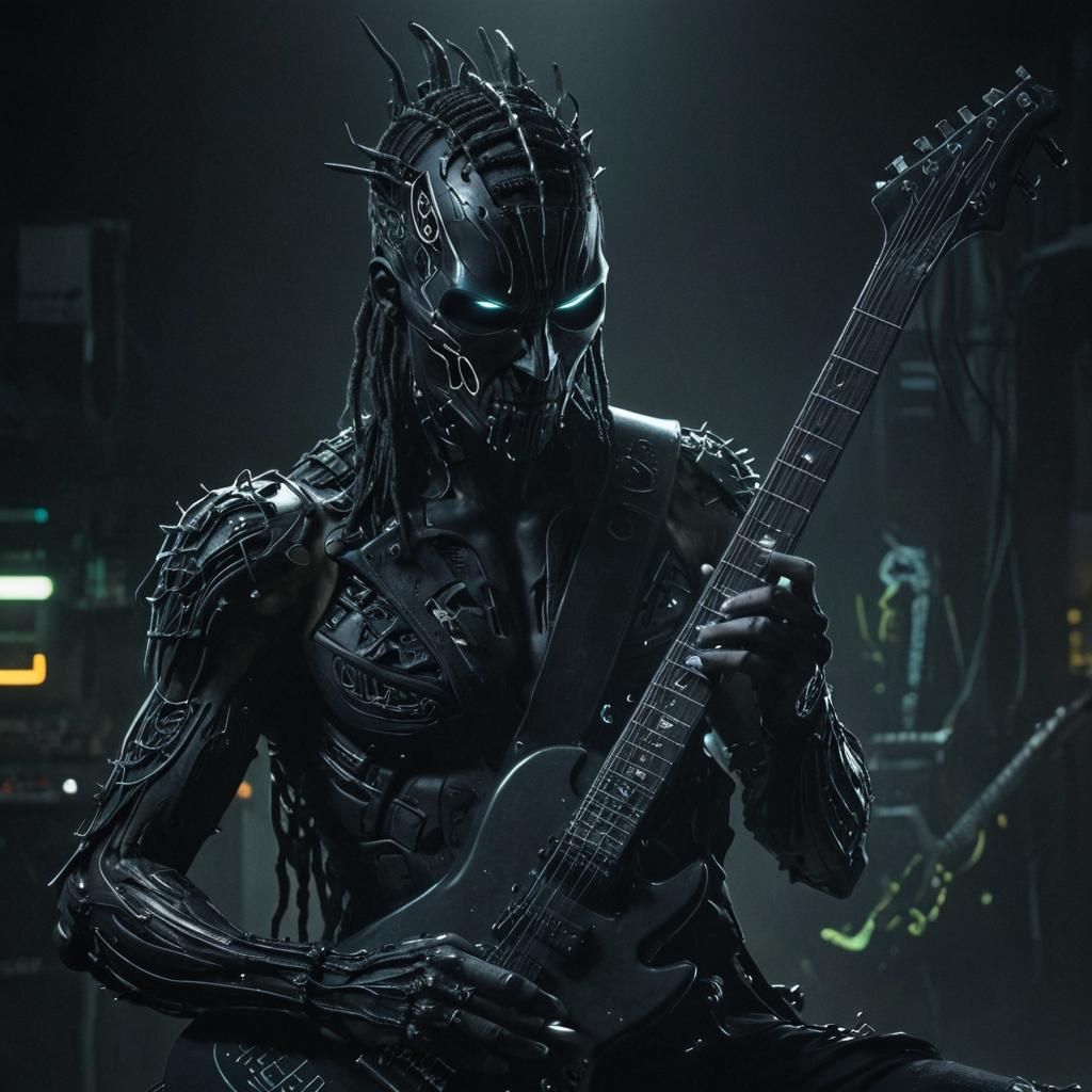Cyberpunk Rock Guitarist Made of Musical Notes
