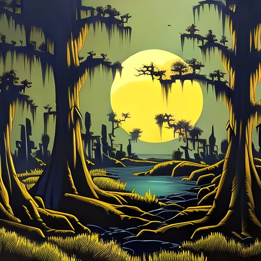 Eerie Bayou Under Moonlight in Dramatic Lighting