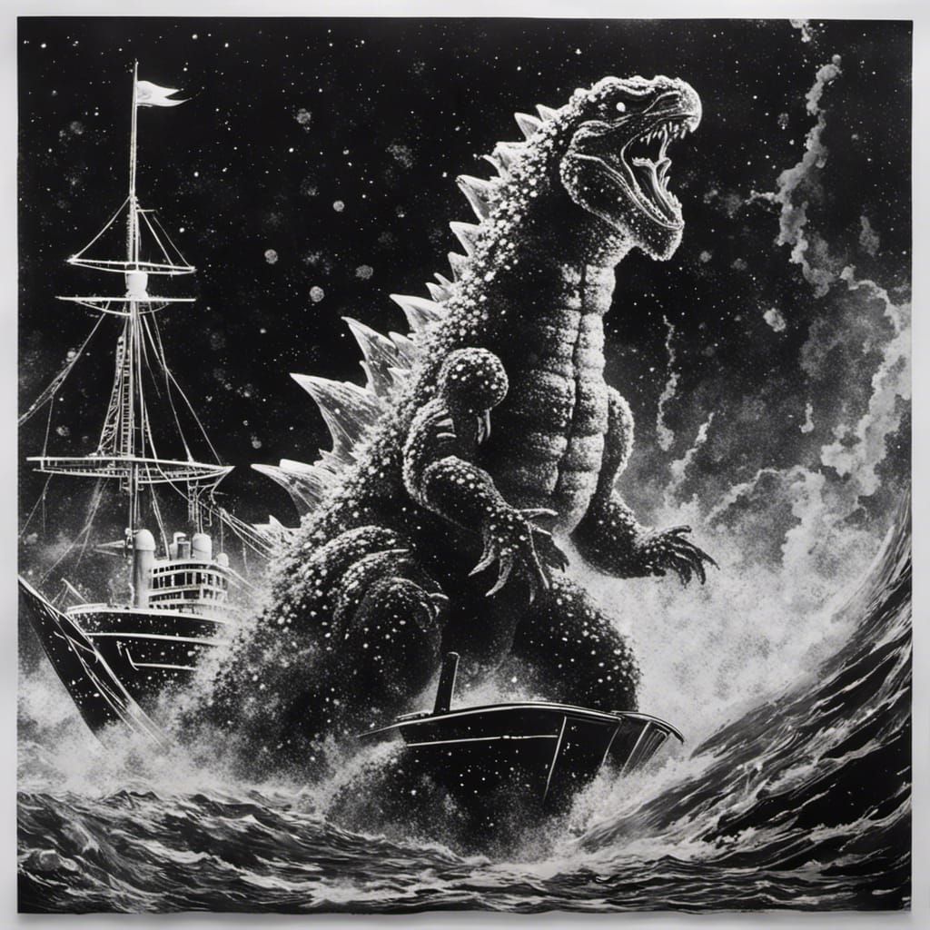 A 1960 black and white Godzilla attacking A pirate cutter ship, inspired by @SeanMurrayl