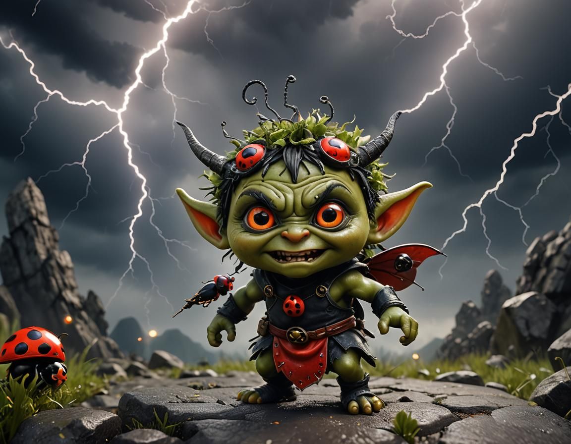 Aggressive Pixie with Ladybug in Dark Fantasy Style