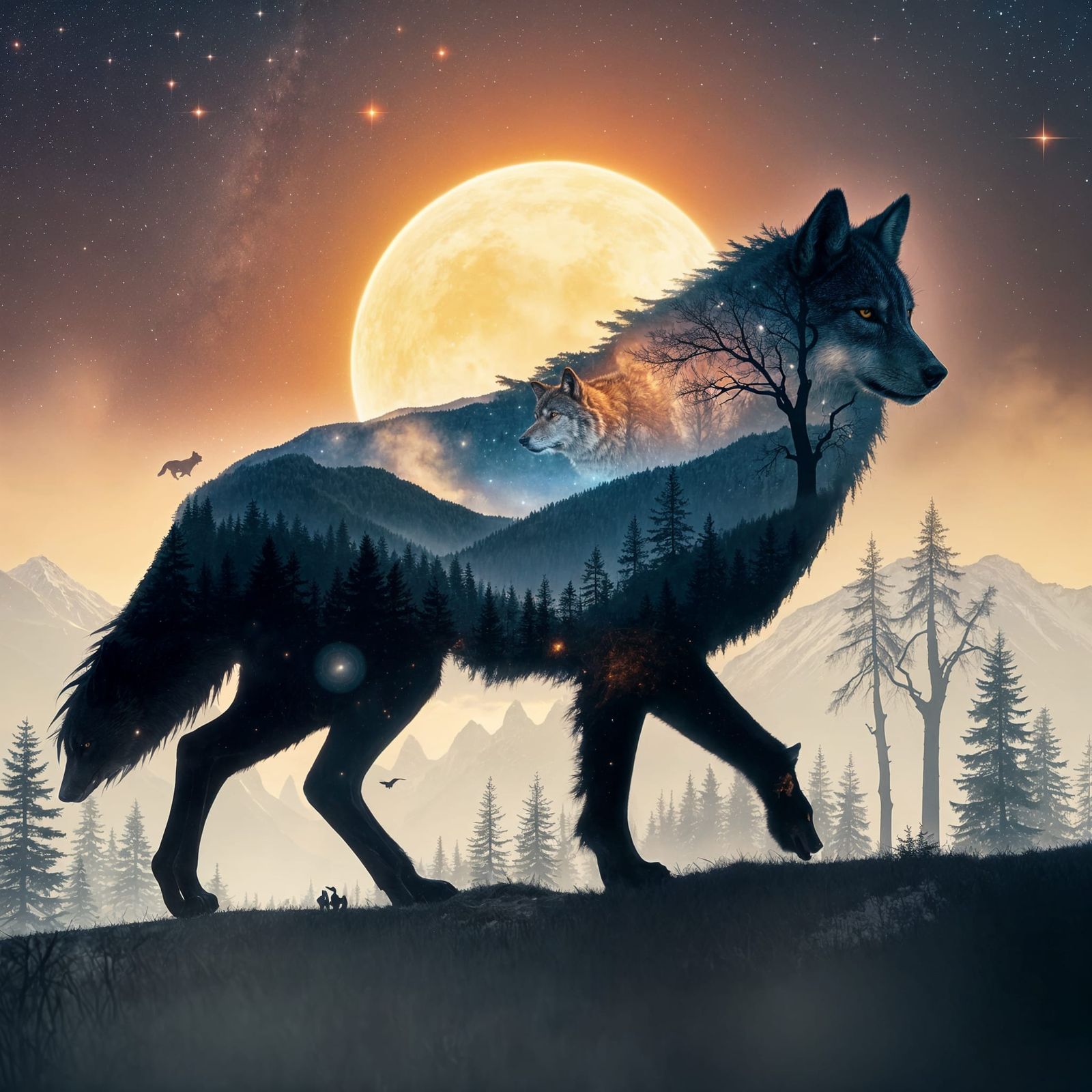 Cosmic Wolf Howling in Misty Forest: Digital Art