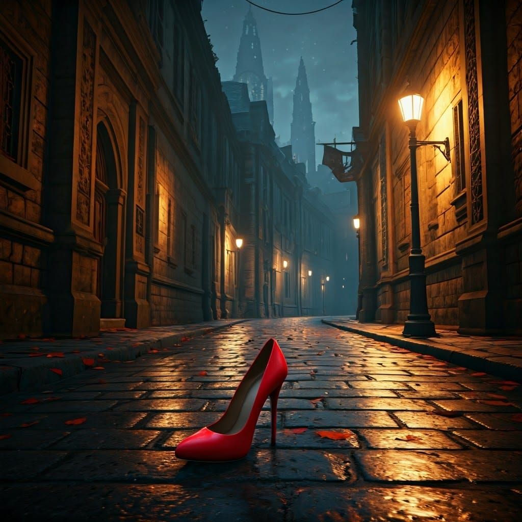 Red High Heel Shoe in Mystical Cityscape