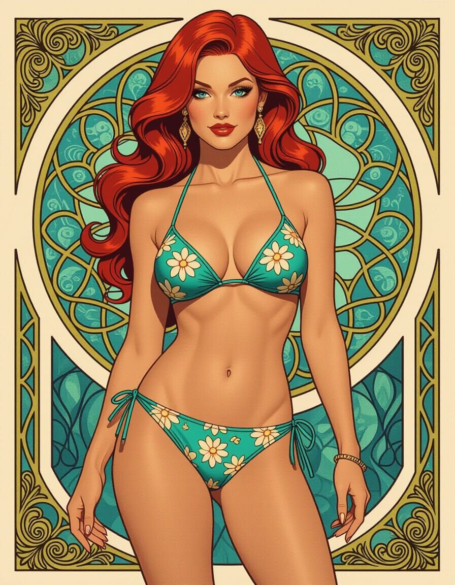Stunning Redhead Woman in Bikini: Art Nouveau Style