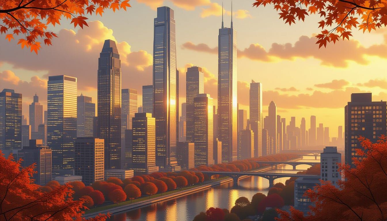 Futuristic Cityscape in Autumnal Sunlight