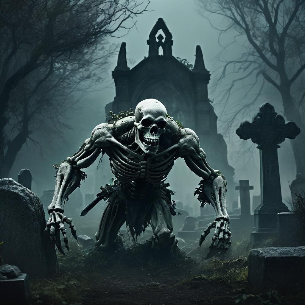 Dark Fantasy: Six-Armed Skeleton Ogre in Graveyard