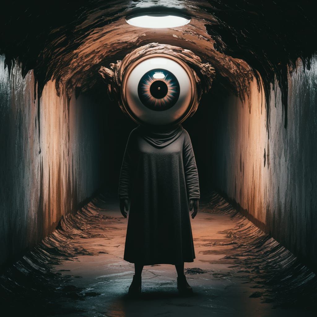 Woman With Eyeball Mask in Eerie Tunnel Digital Painting