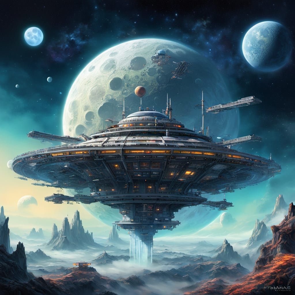 Epic Space Station Orbiting Gas Giant: Digital Art