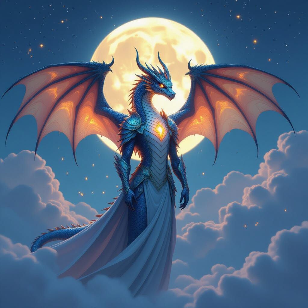 Sapphire Dragon Breathing Fire Under Moonlight