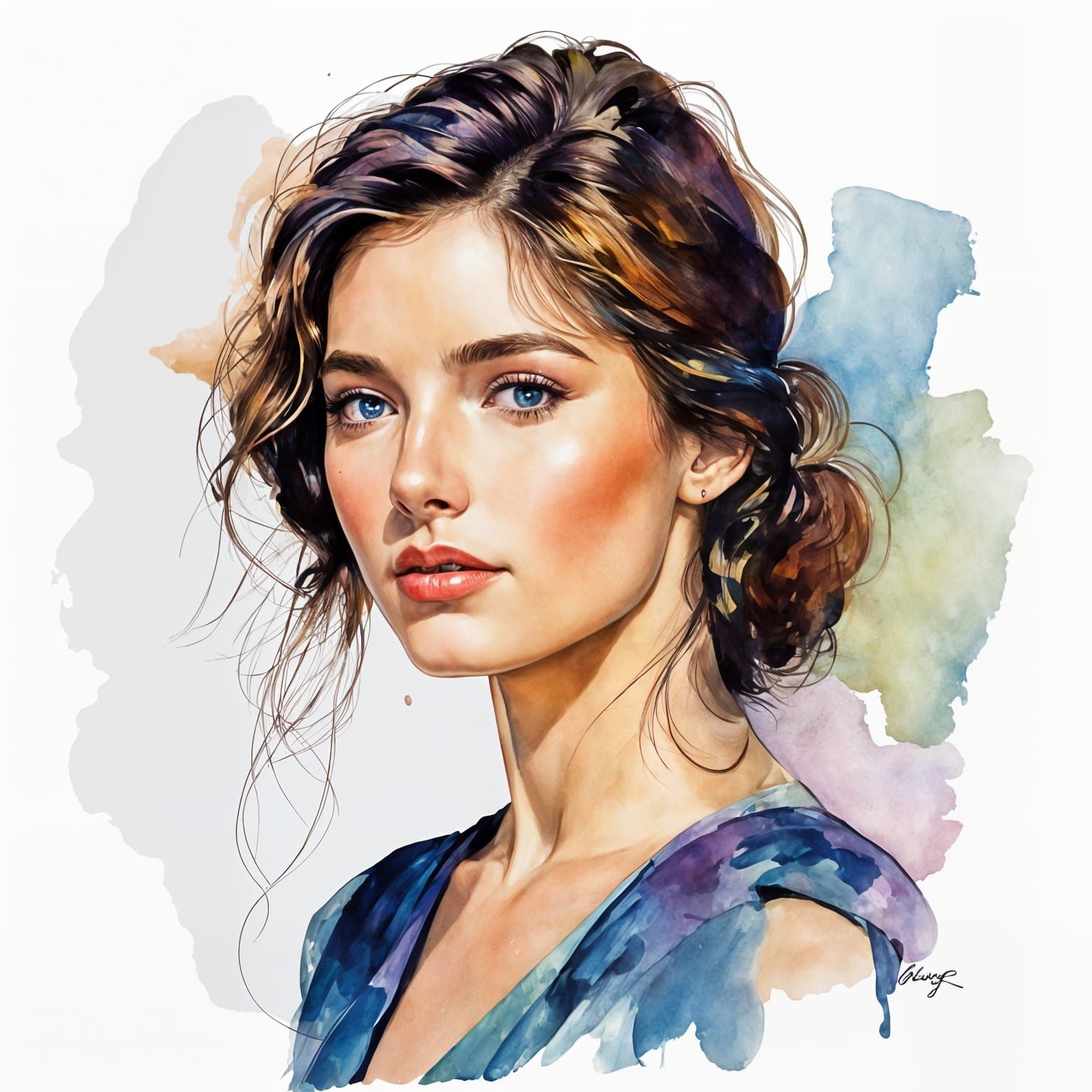 Beautiful Young Woman Portrait in Pen and Ink