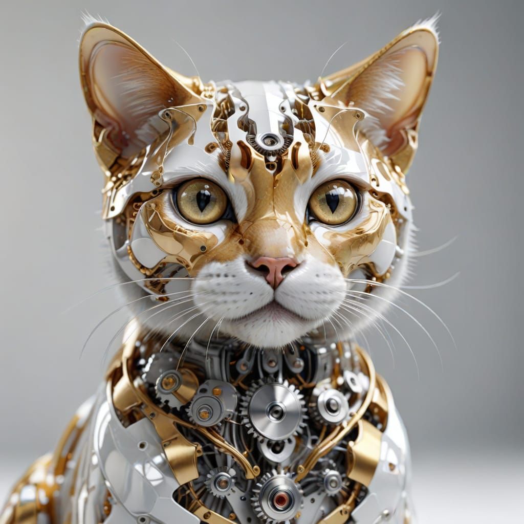 Transparent Golden Mecha Cat in Photorealistic Style