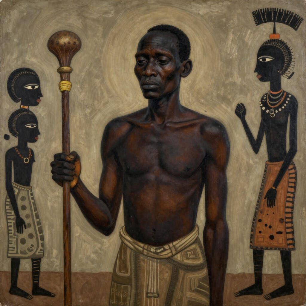 African Father's Grief in Mythic Folktale Art