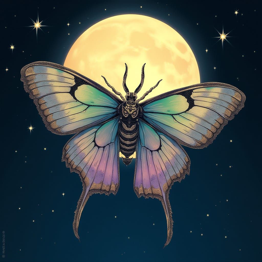 Ethereal Lunar Moth Rising to the Moon