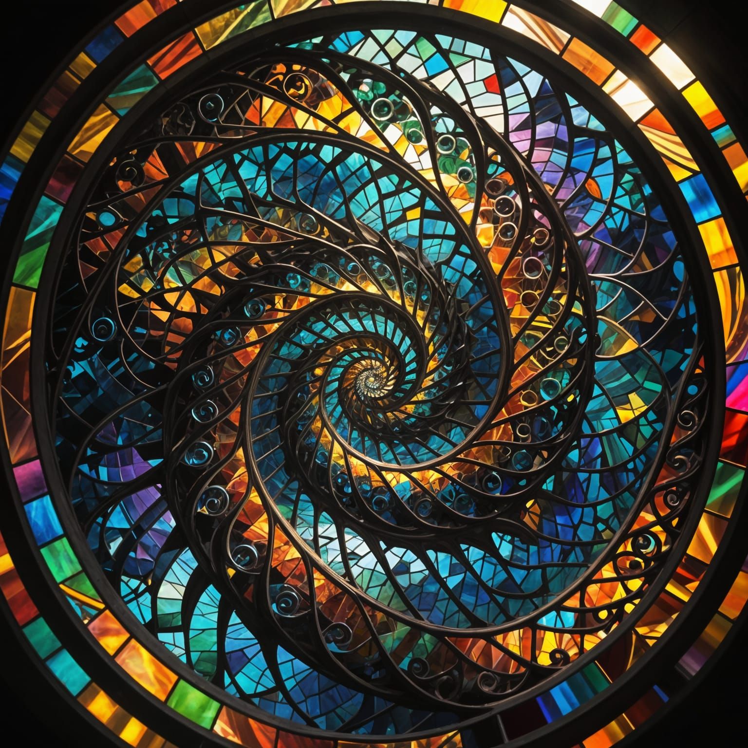 Surreal Stained Glass Masterpiece with Intricate Fractal Geo...