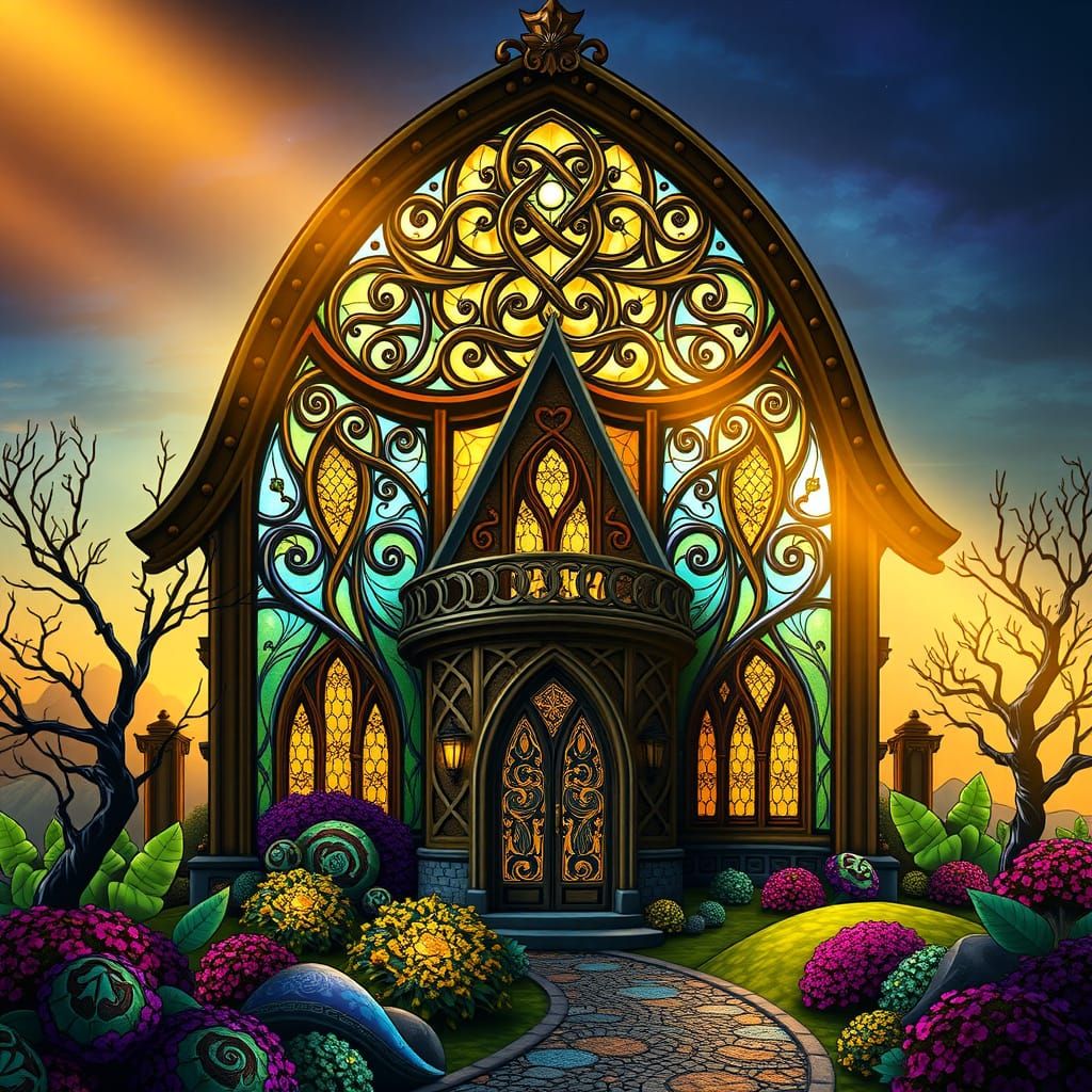 Celtic-Inspired Stained Glass House with Intricate Patterns