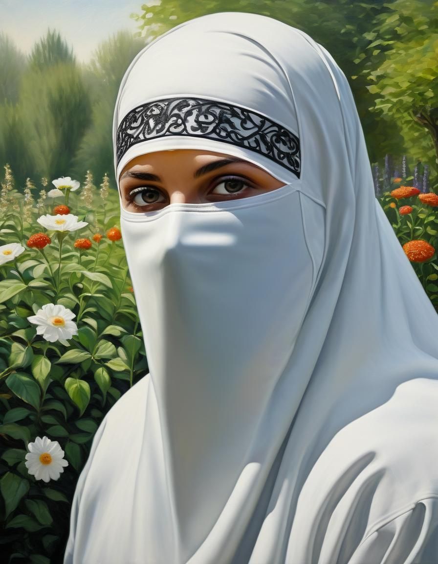 Oil Portrait of Overweight Niqabi in Garden