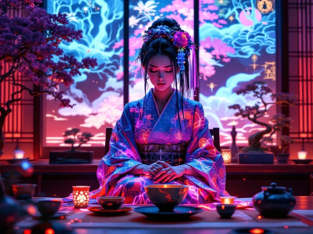 Cyberpunk Geisha in Traditional Tea Room