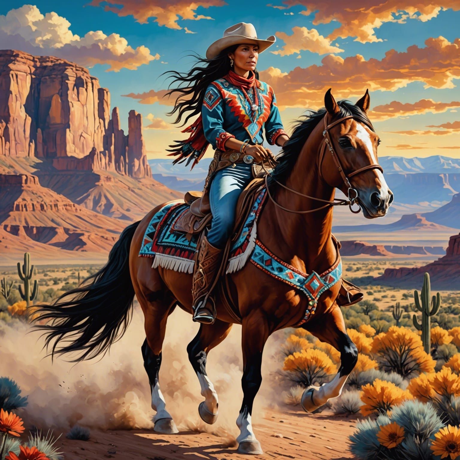 Native American Cowgirl Rides Horse in Southwest