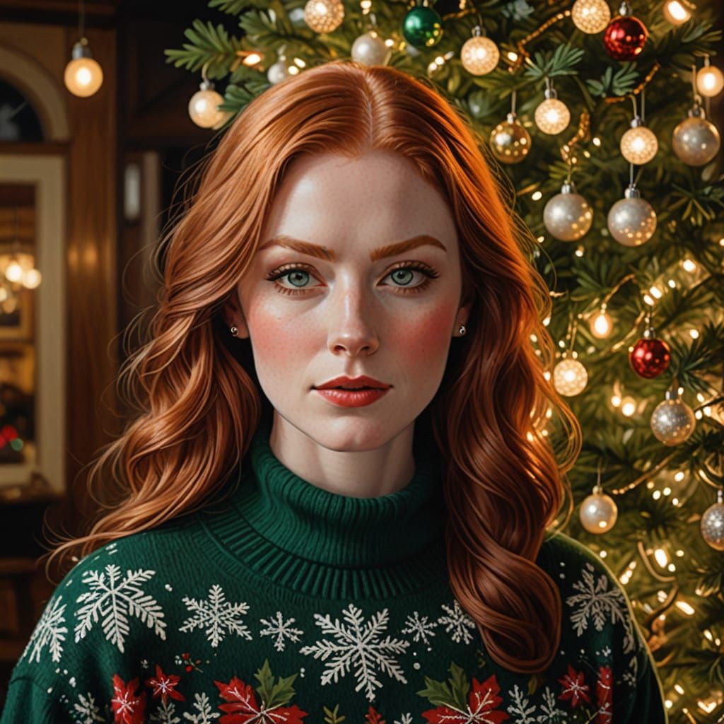 Irish Redhead in Festive Christmas Sweater, Standing Before...