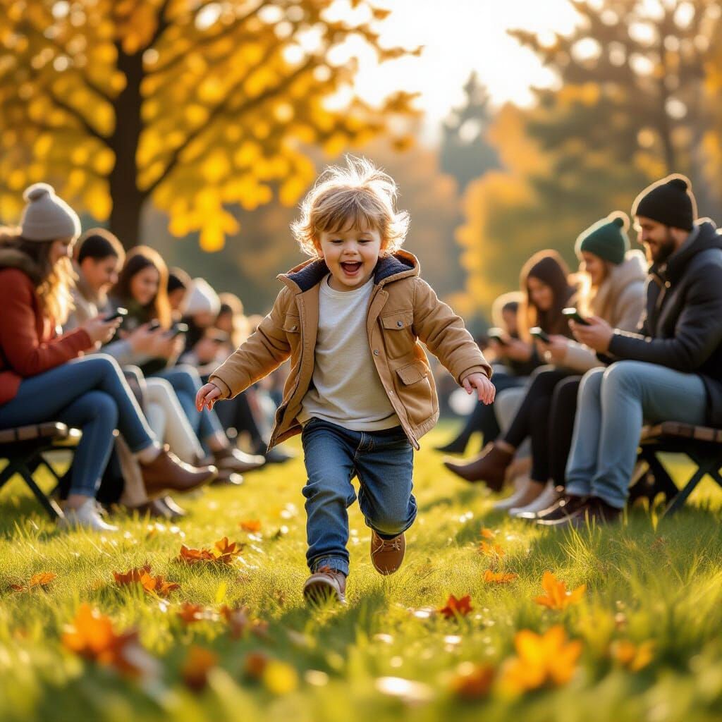 Child Jumps Joyfully Amidst People Glued to Phones