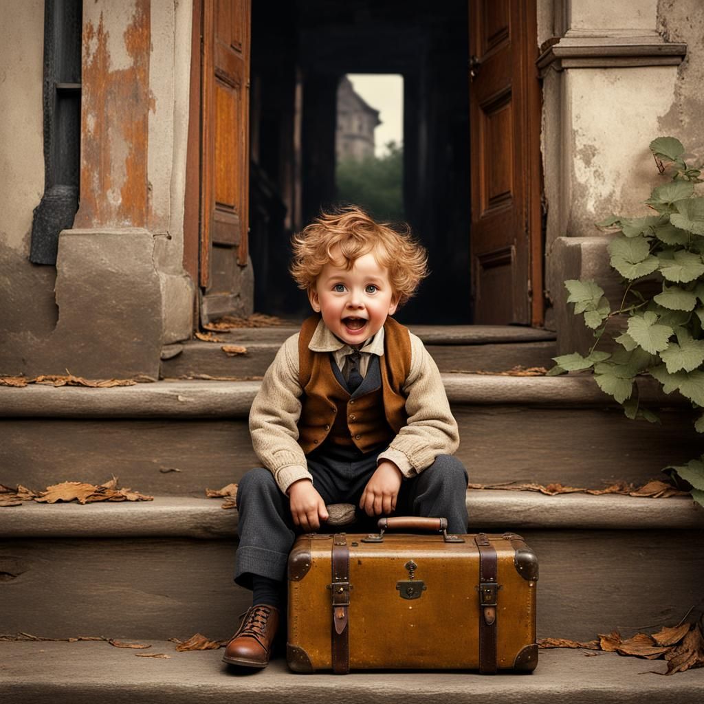 Excited Child on Steps in Style of Courbet