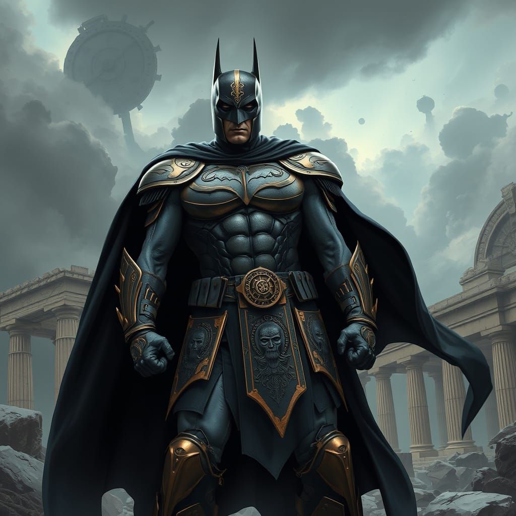Spartan Batman Amidst Ancient Ruins in a Dark, Fantastical S...