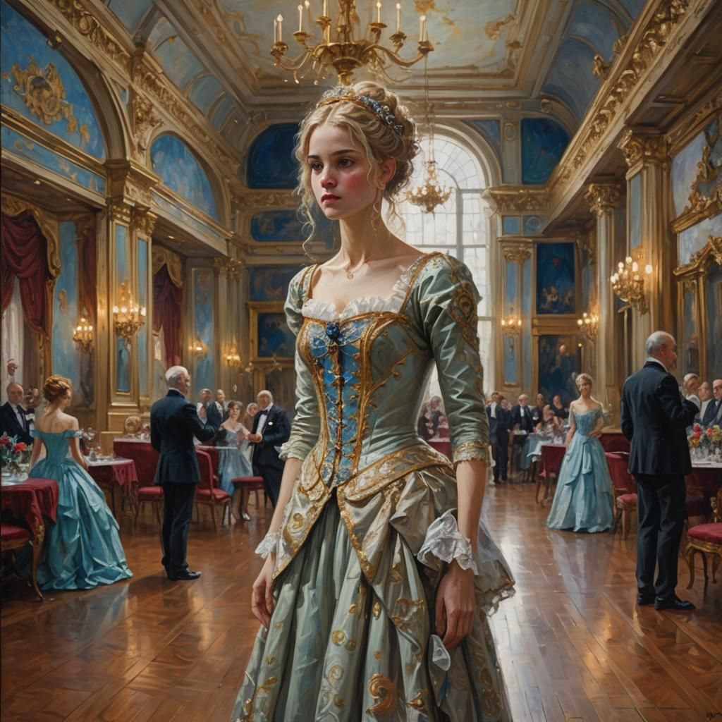 Petite lady with fair hair elfen fetures standing alone in a...