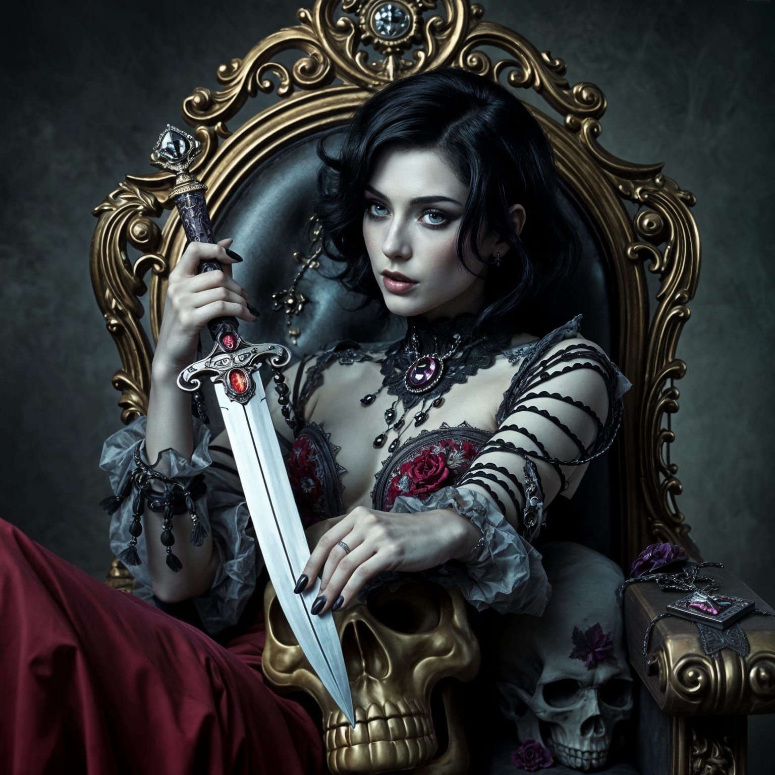 Provocative Portrait of Woman on Skull Throne