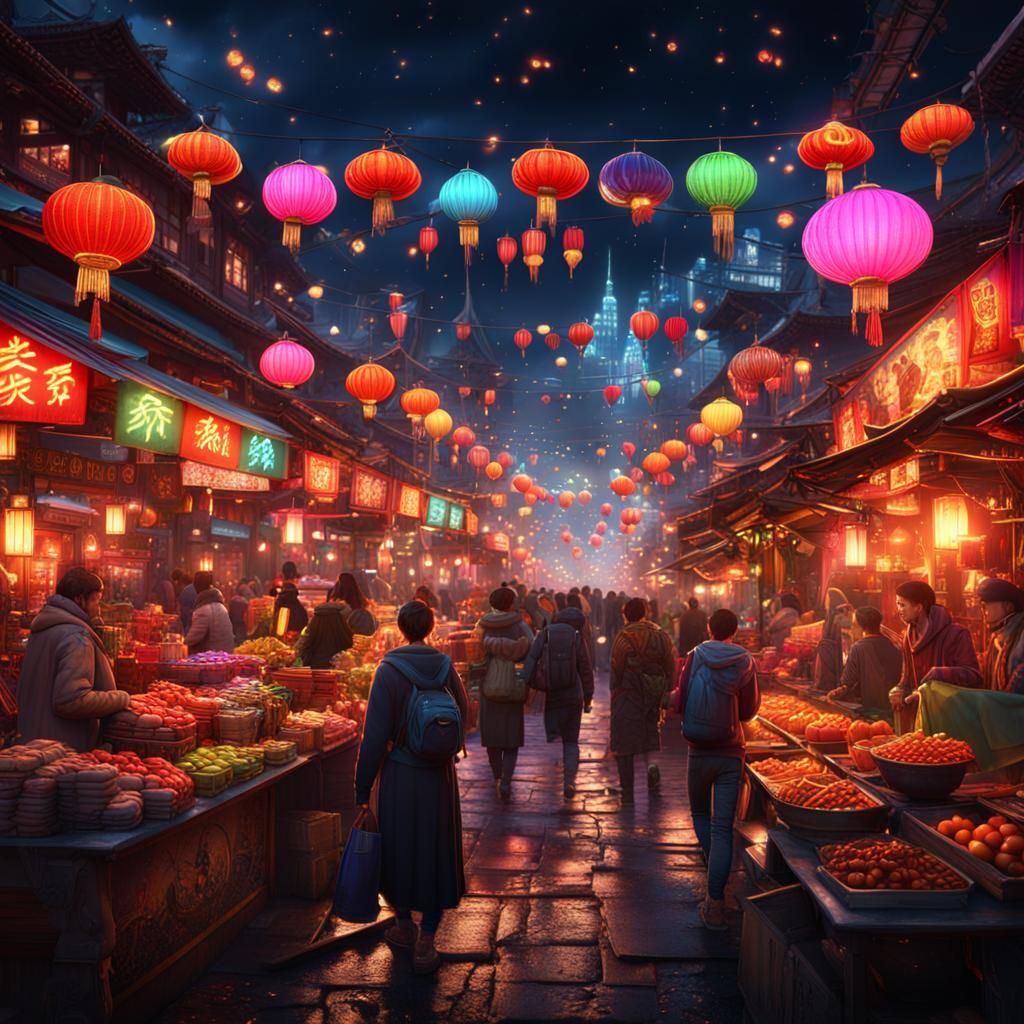 Colorful Night Market with Neon Signs in Fantasy Style
