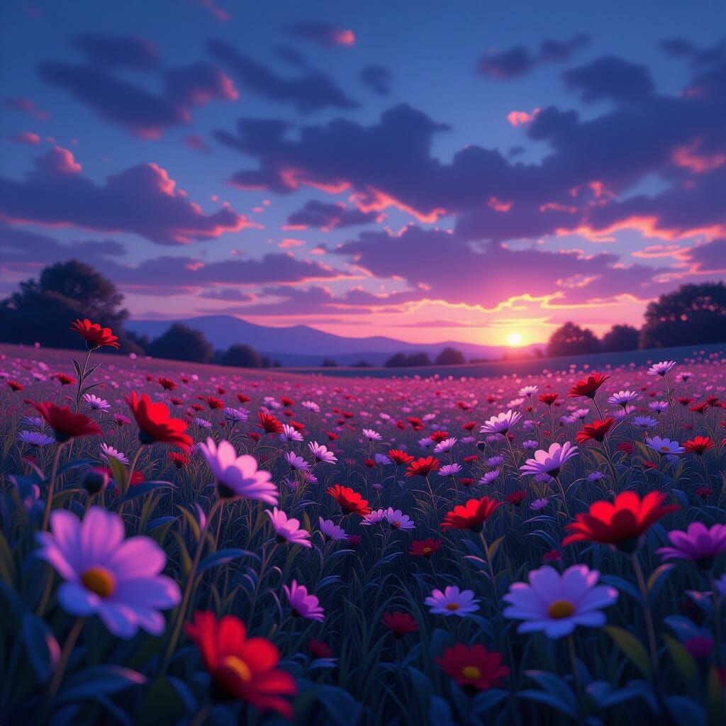 Vibrant Wild Flowers Bloom Under Twilight Sky