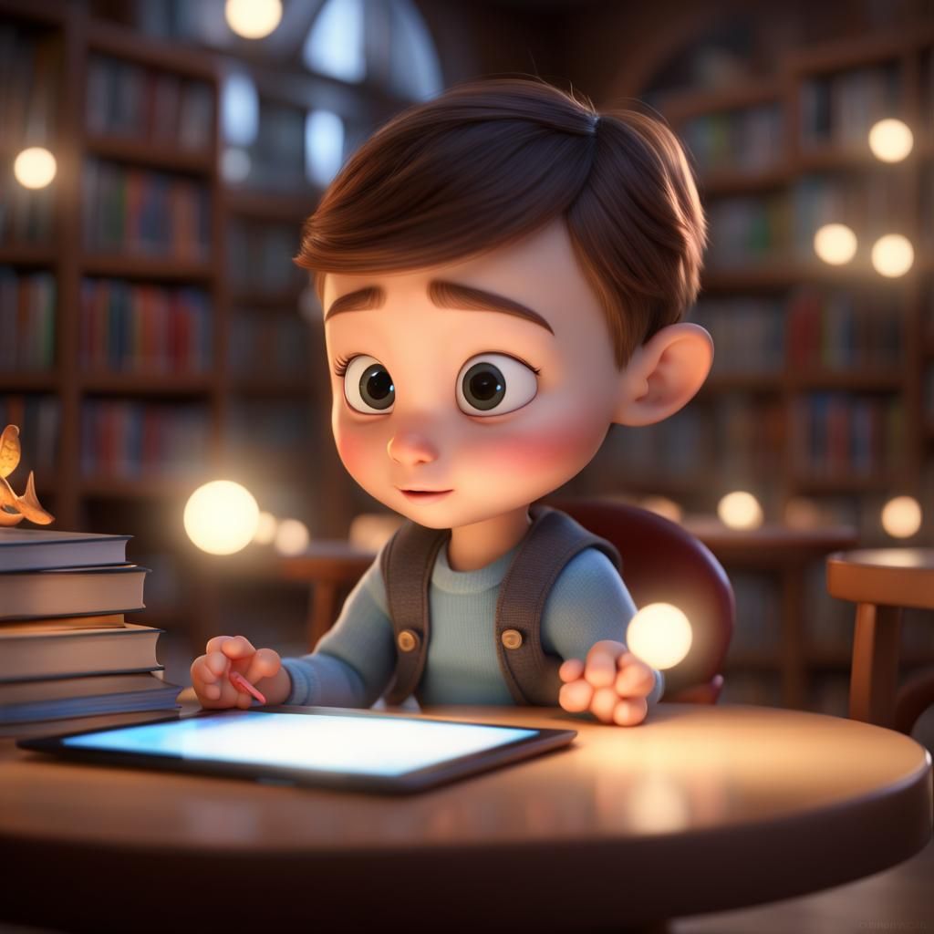 Magical Kindle in Library: Disney-Style 3D Render