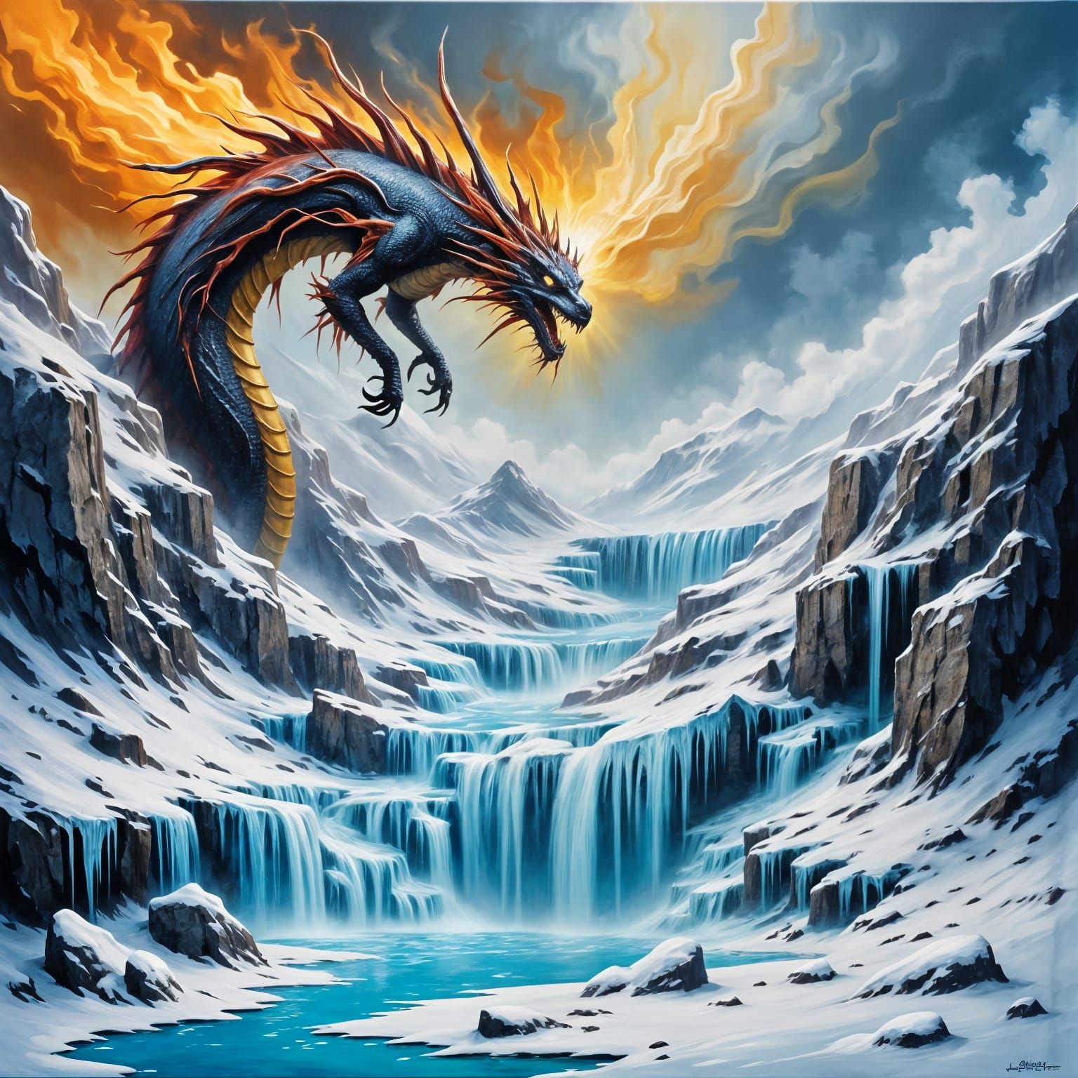Dark Fantasy Dragon Unleashes Avalanche of Water