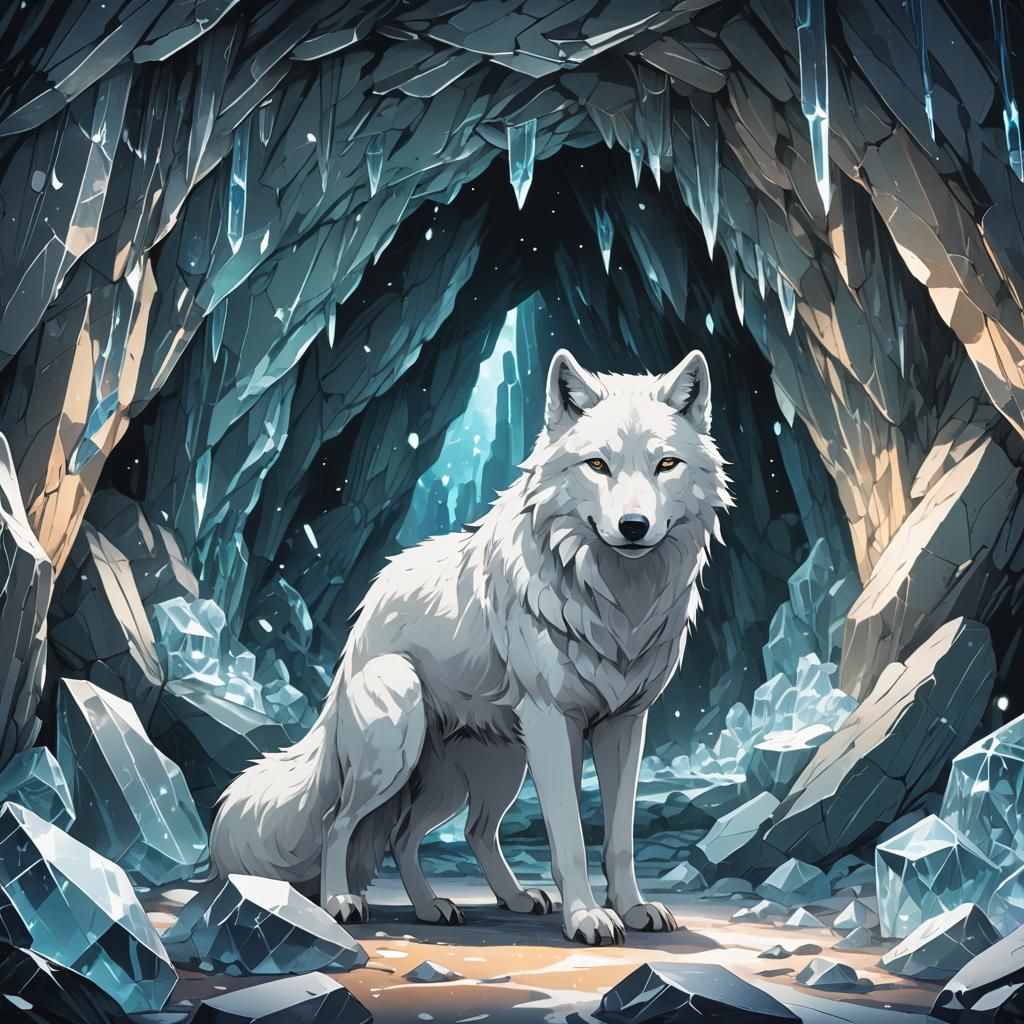 White Wolf in Crystalline Cave: Anime Style