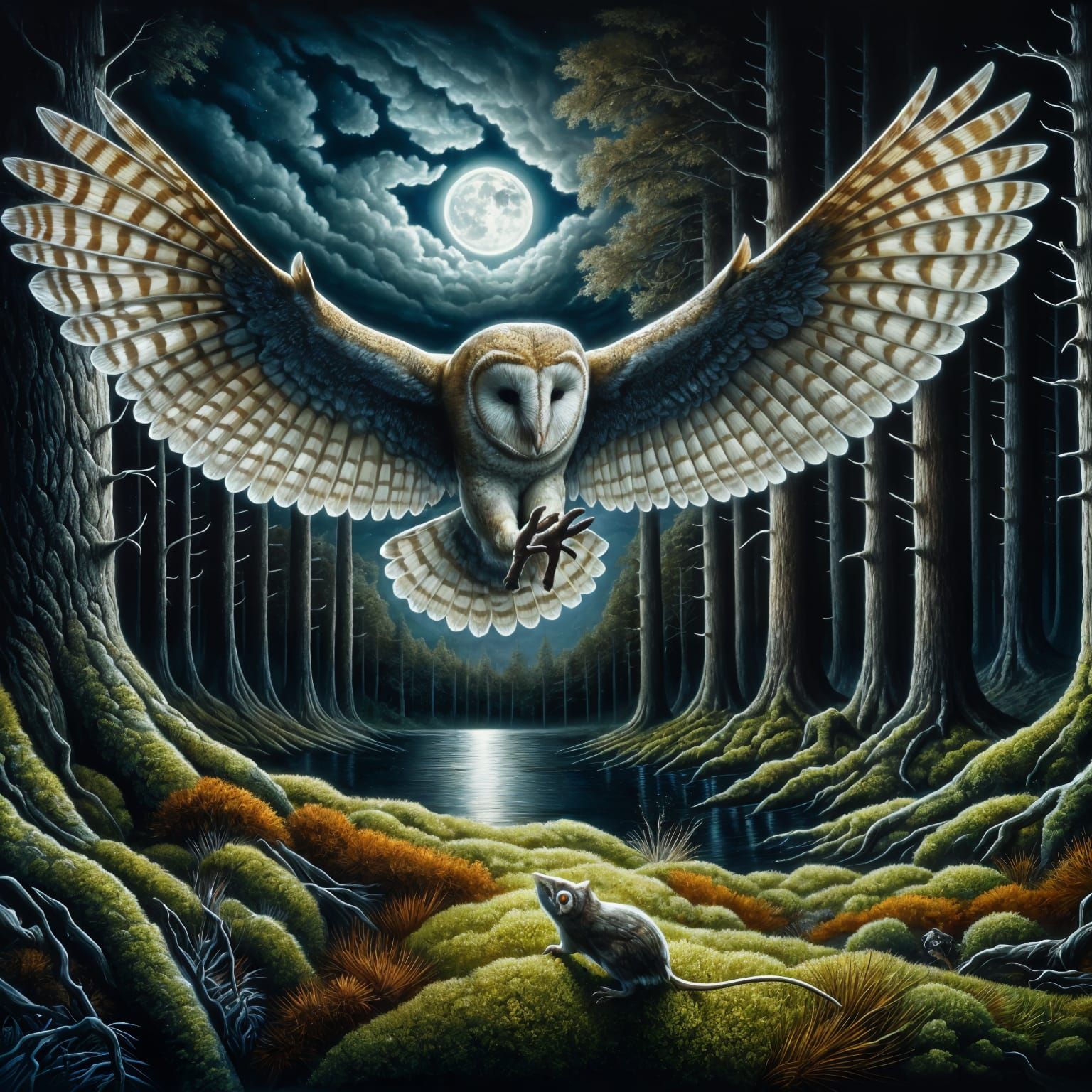 Barn Owl Hunting Mouse in Moonlit Forest