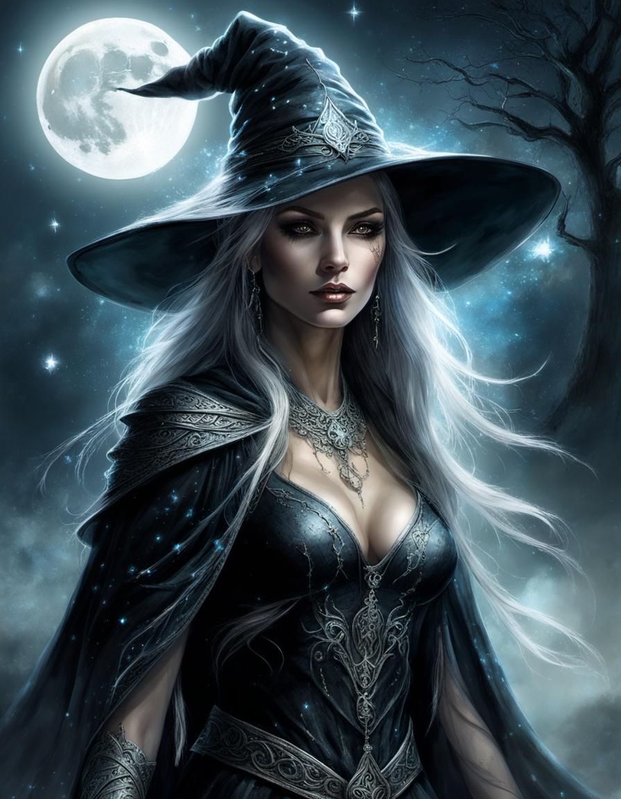 Elven Witch in Moonlit Fantasy Landscape