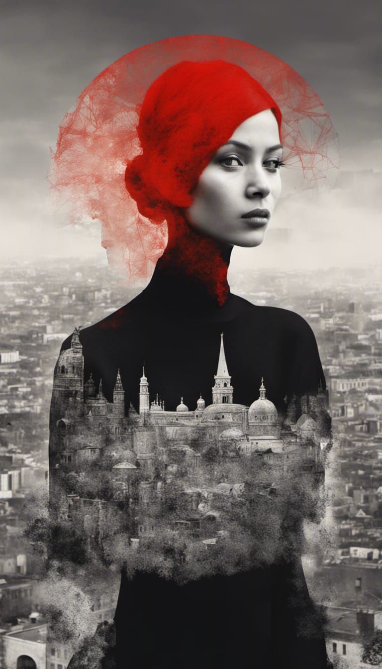 Double Exposure: Cityscape and Woman in Silhouette