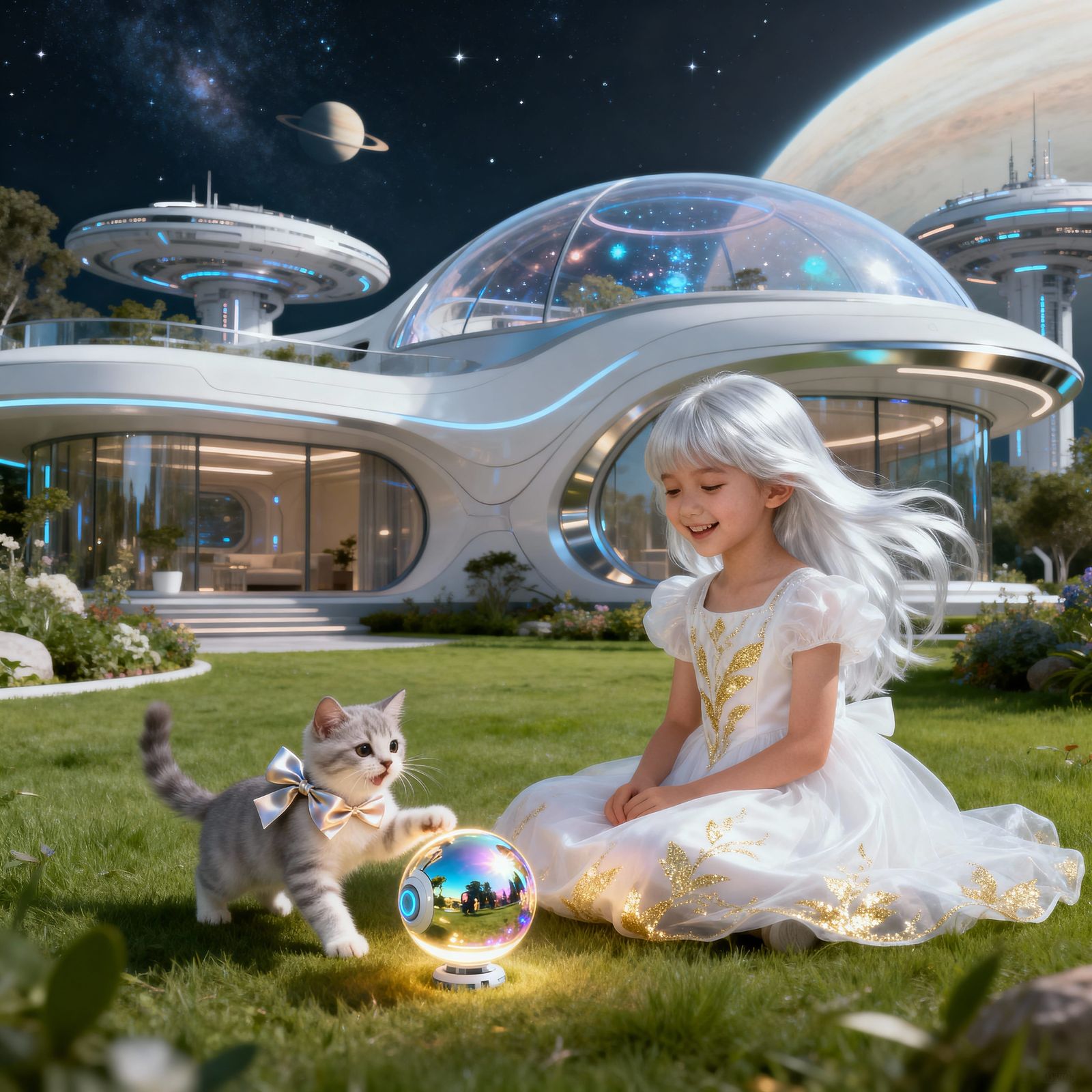 Future Girl with Kitten on Cosmic Station Lawn