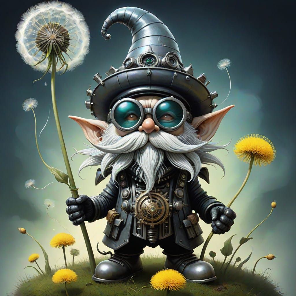 Gigeresque DMT Machine Gnome in Whimsical Wonderland Attire