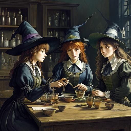 Little Witches Brewing Potions: Arthur Rackham Style