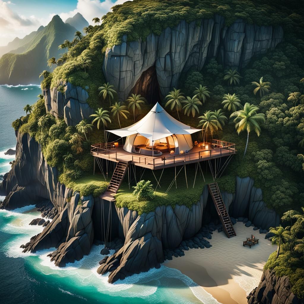 Opulent High-Tech Camping Tent on Tropical Island