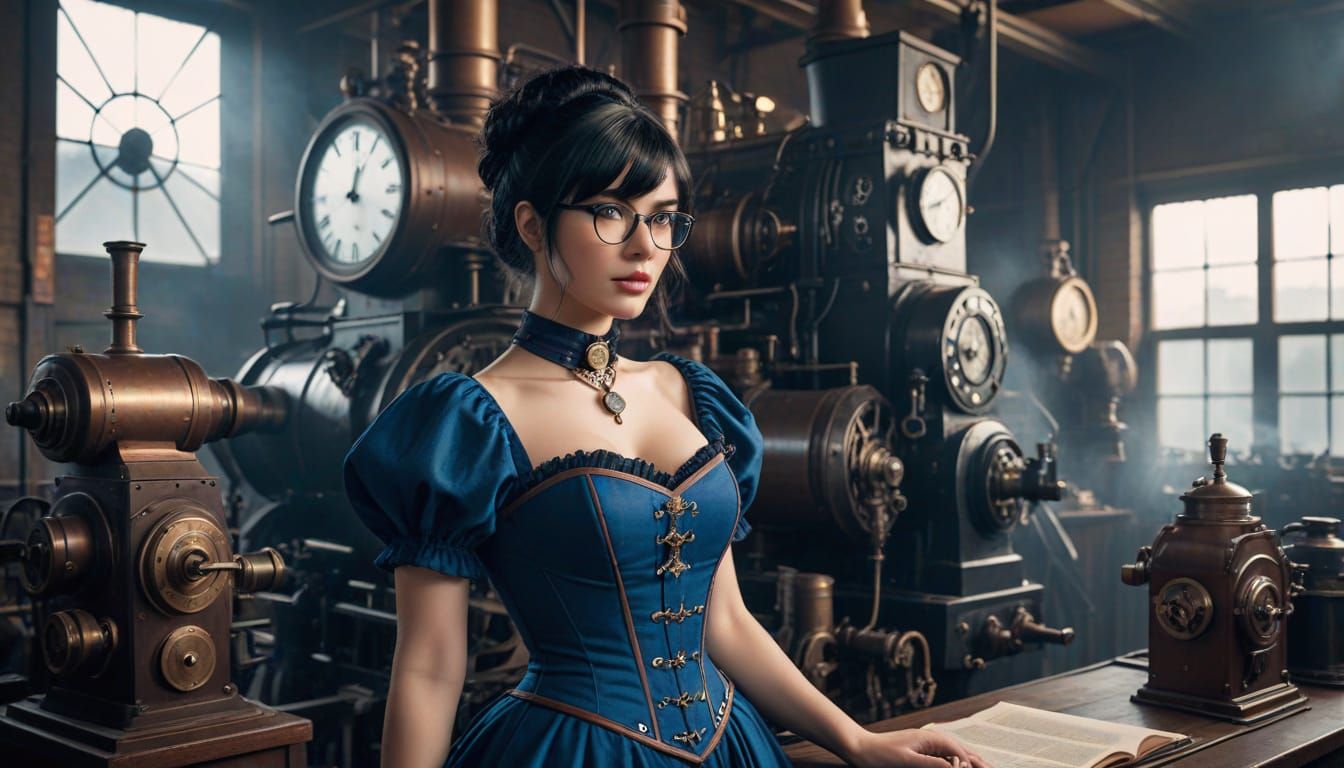 Steampunk Woman in Enigmatic Workshop