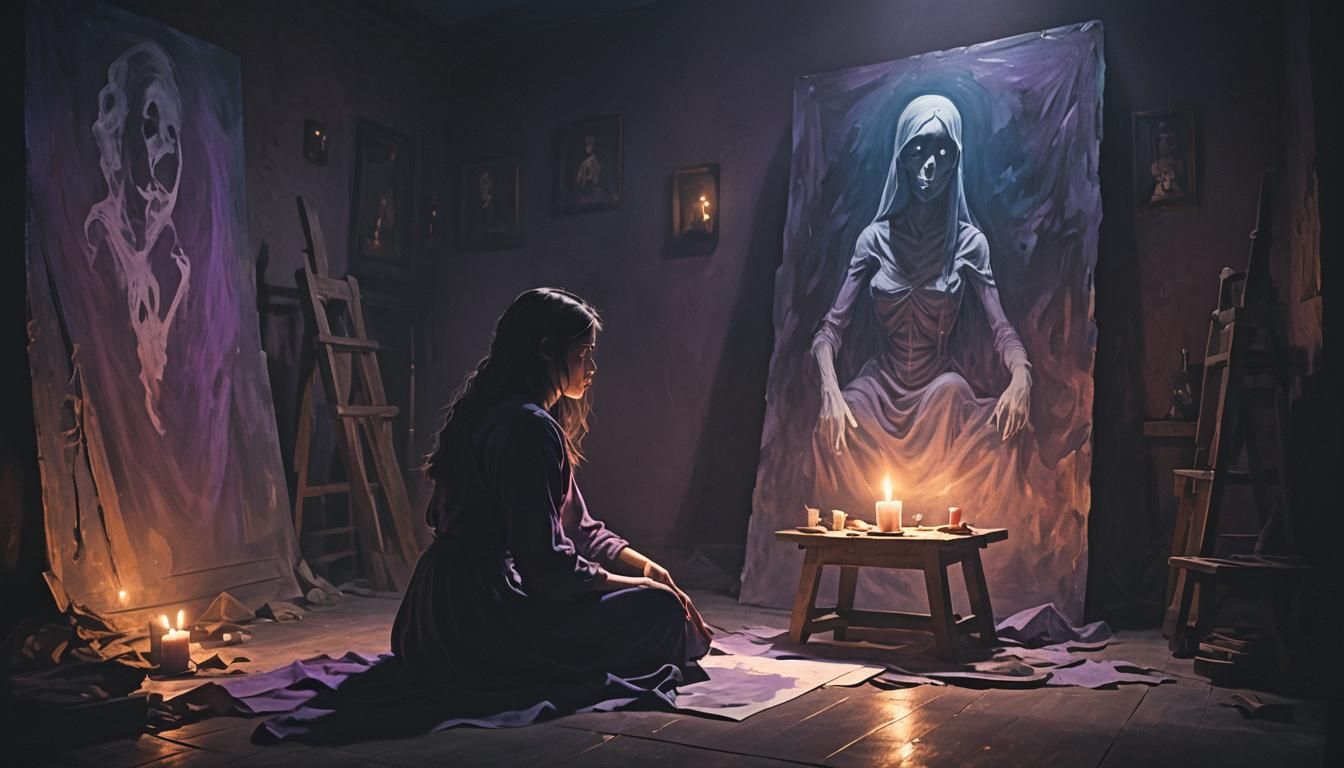 Girl Painting Ghostly Figure in Dark Fantasy Style