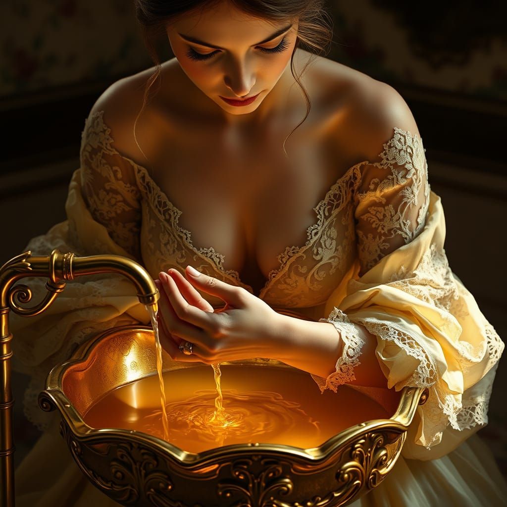 Elegant Woman Washing Hands in Golden Basin