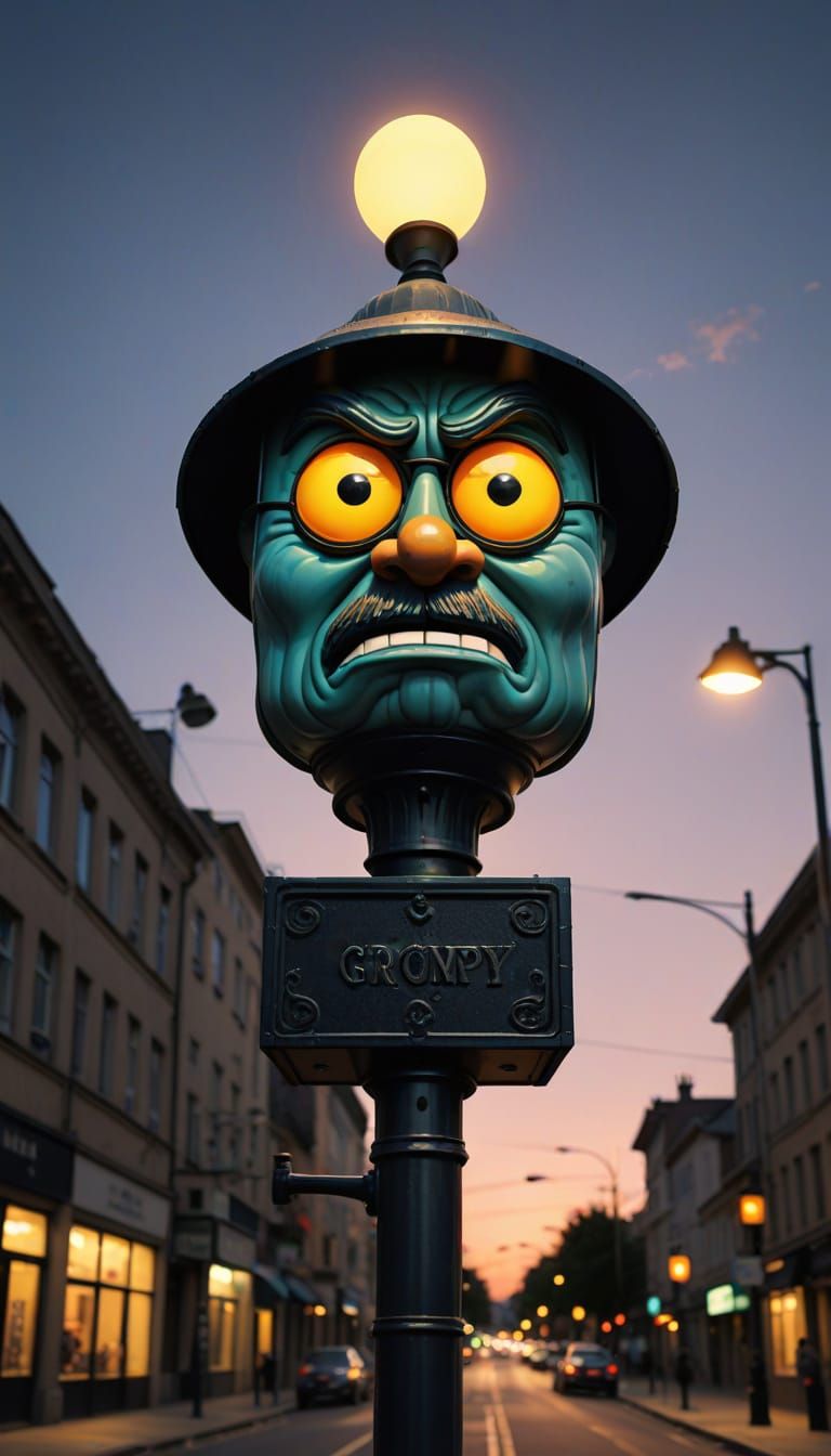 Grumpy Streetlight Character with Whimsical Expression