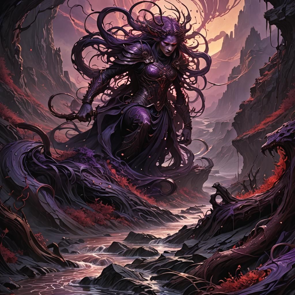 Serpentine River of Blood in Dark Fantasy Landscape