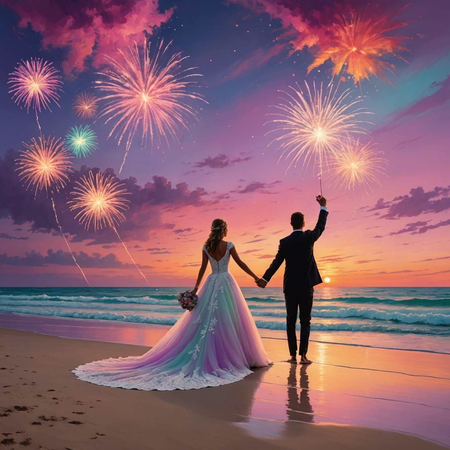 Sunset Beach Wedding with Fireworks Display