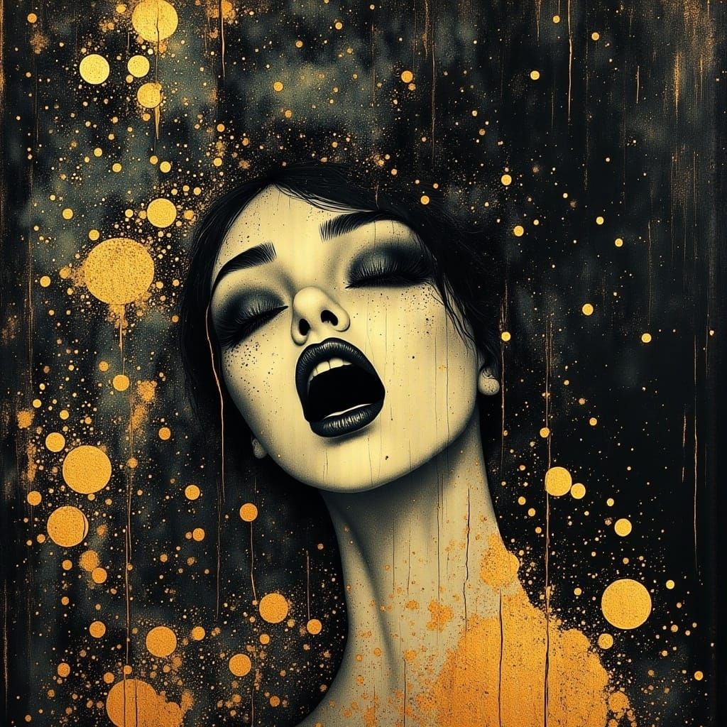 Melancholic Woman Surrounded by Tears in a Dark, Velvety Sof...