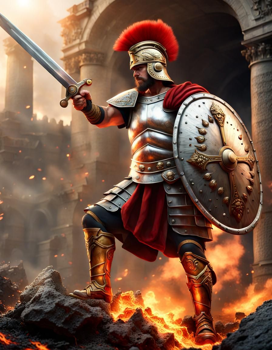 Roman Centurion in Burning Mushroom Kingdom Battle Scene