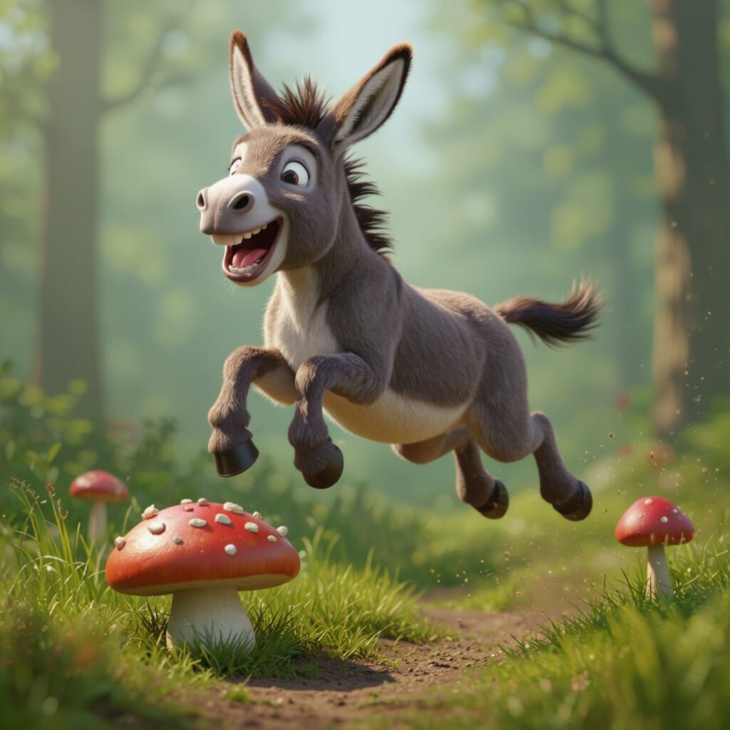 Highly Detailed CGI Donkey Leaping Over Mushroom