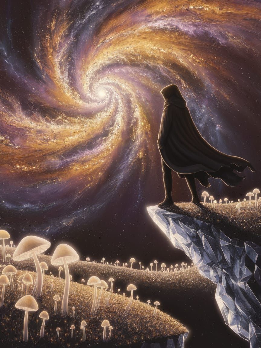 Cloaked Figure on Crystal Cliff Overlooking Amethyst Nebula