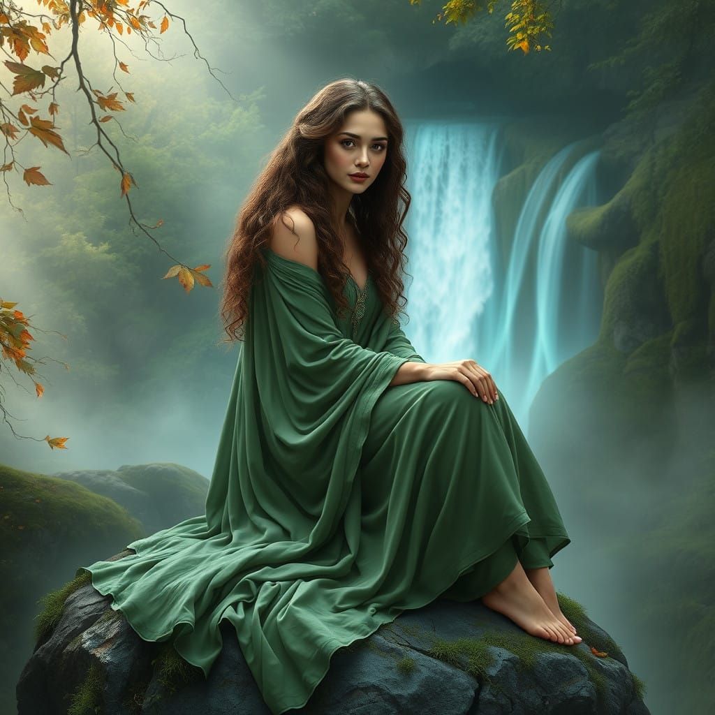 Nature Goddess Seated on a Rock, Surrounded by Lush Foliage....